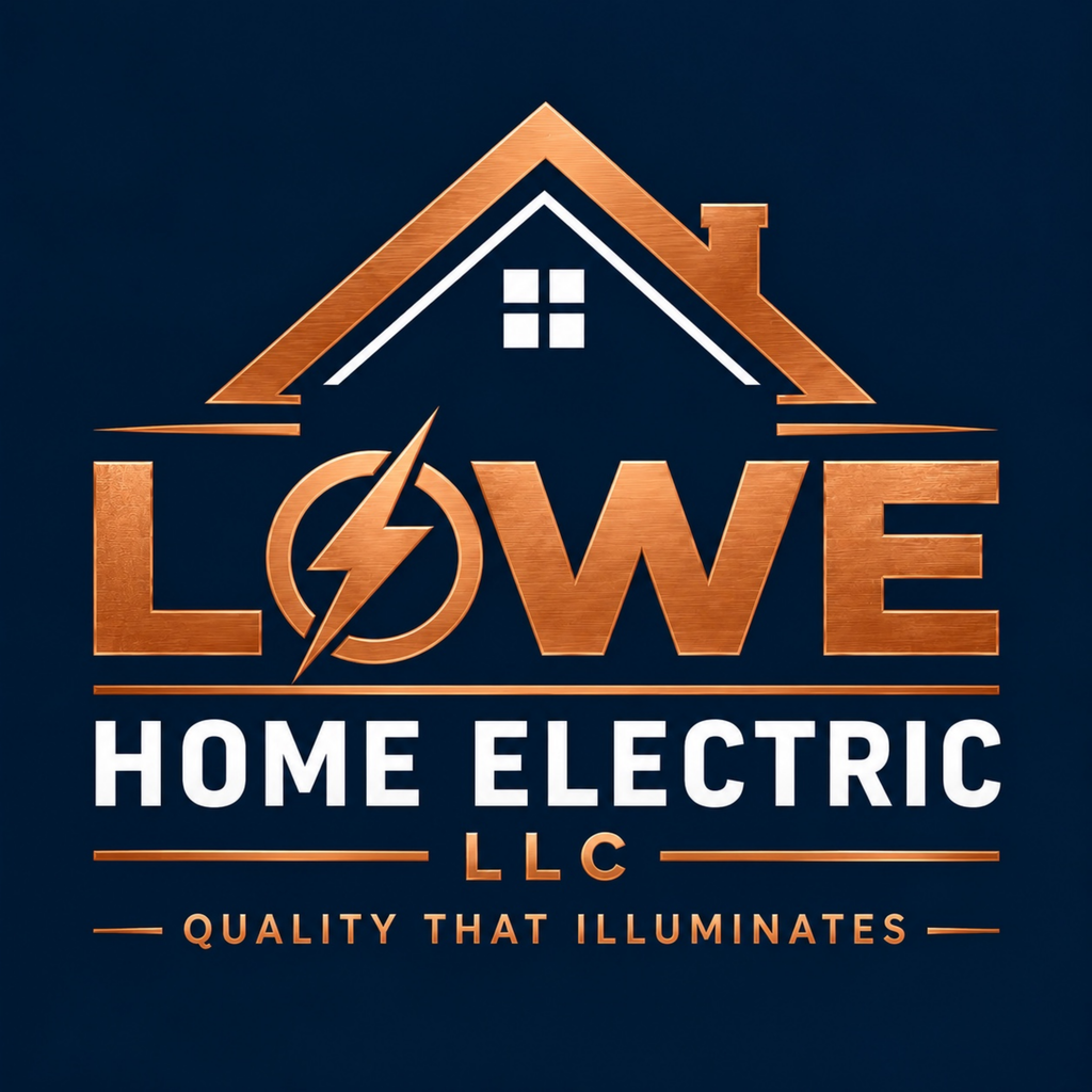 Lowe Home Electric LLC logo — copper house outline with a lightning bolt forming the W, tagline Quality That Illuminates